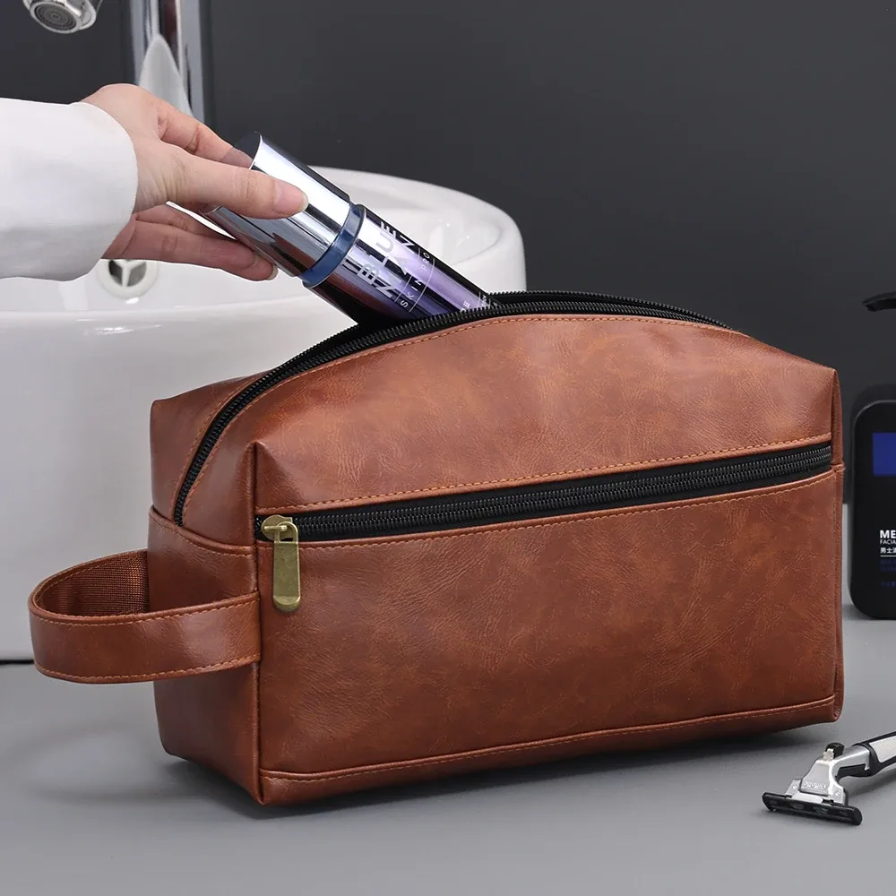 sac à cosmétiques en cuir pour hommes, voyage d'affaires, rasage, trousse de toilette portable, organisateur de grande capacité, sac de lavage à main