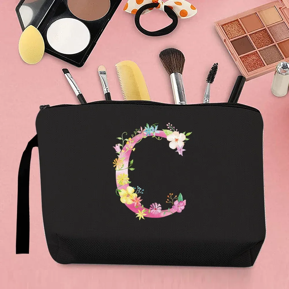 trousse de maquillage pour femmes, trousse de maquillage portable, trousse de maquillage de voyage pratique, sac à main en toile, motif de lettres roses, organisateur de bijoux
