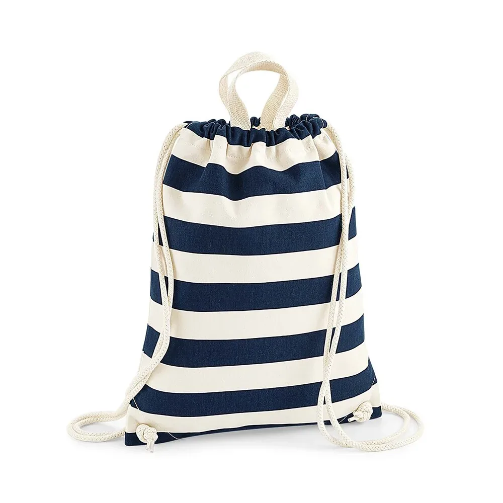 sac à dos à cordon de serrage rayé personnalisable, en toile de coton, avec texte personnalisé, sac pliable et portable pour voyage et école