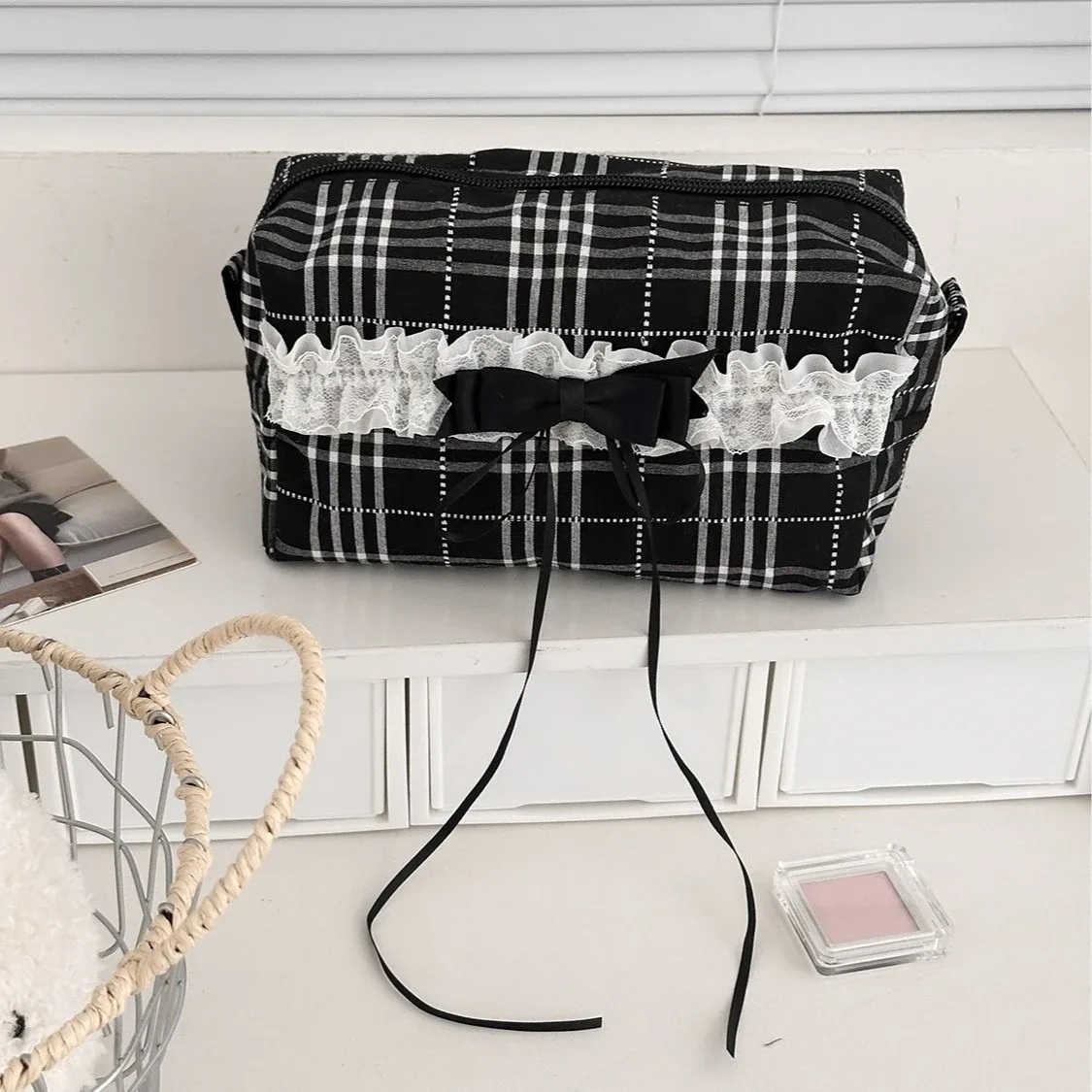 sacs à cosmétiques en toile avec nœud en dentelle pour femmes, pochette portable pour dames, étui de maquillage pour rouge à lèvres, sac de rangement à la mode
