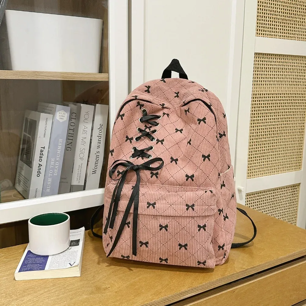 sac à dos en velours côtelé grande capacité avec nœud, léger, style coréen, sac à nœud, bretelles réglables, sac à double épaule pour étudiants