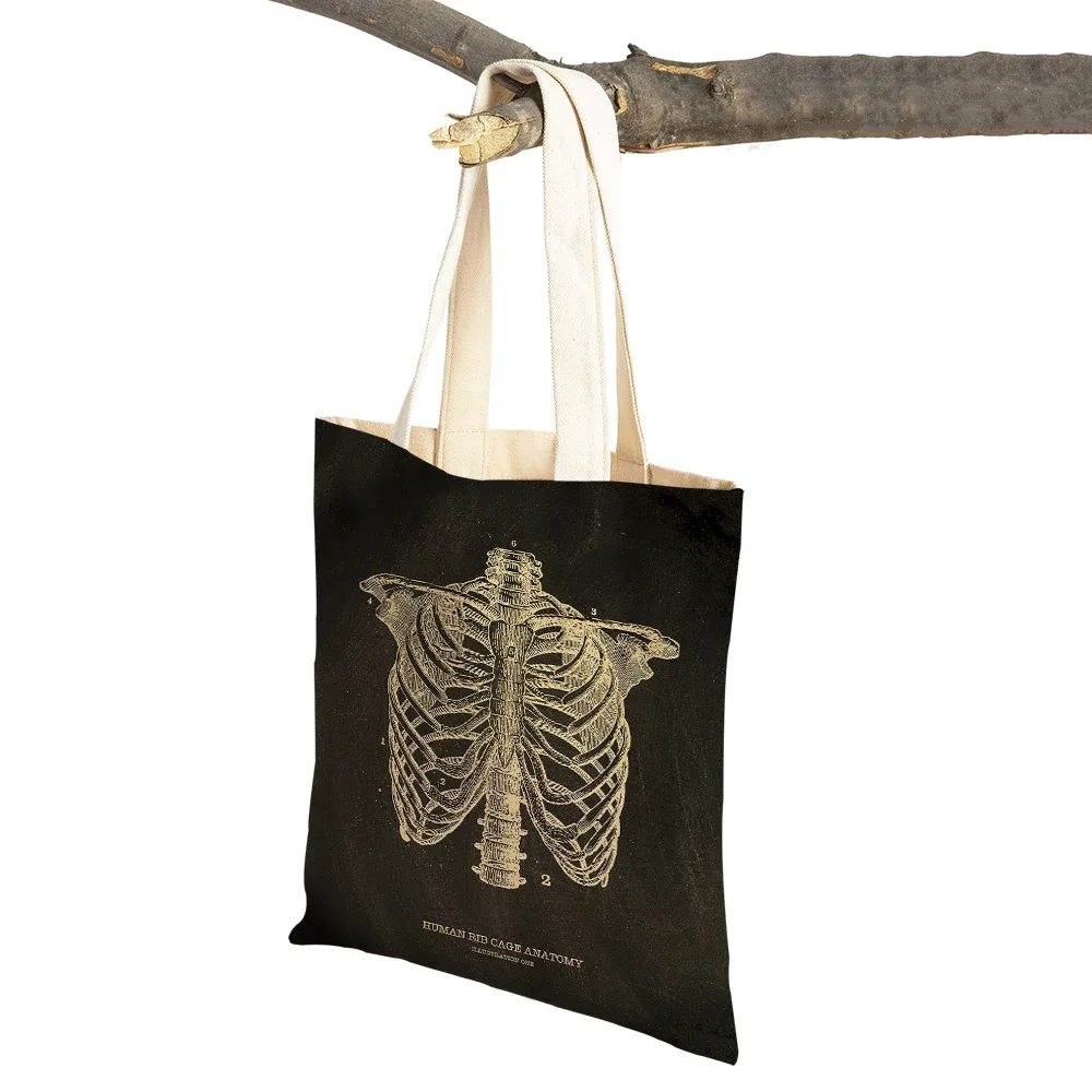 vintage squelette anatomique tableau crâne shopper sac fourre-tout dame sac à main décontracté toile coeur double impression femmes sacs à provisions