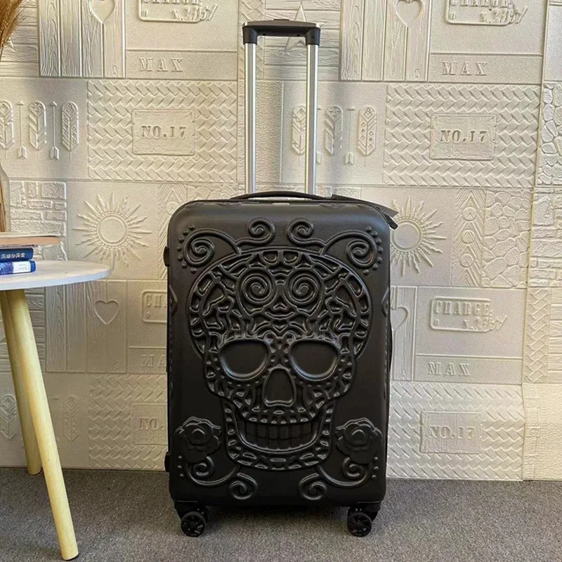 valise trolley de voyage à roulettes grande taille, style punk squelette, avec éléments pop personnalisés, ver