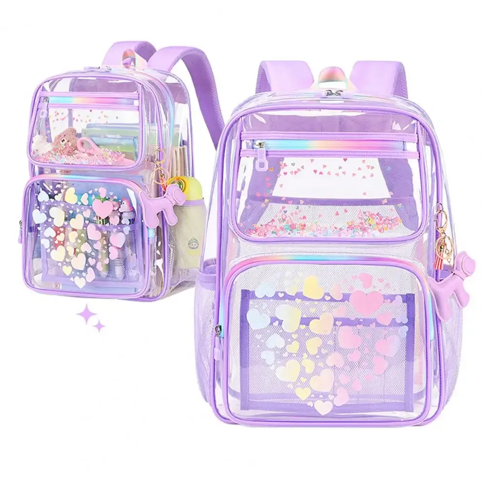 sac à dos transparent pour l'école, sac à dos imperméable avec imprimés en forme de cœur, compartiment principal, poches avant à fermeture éclair pour garçons et filles