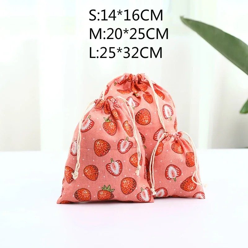 pochette en tissu de coton et de lin, sac à cordon, imprimé de fruits mignons, sac de rangement de chaussures en tissu de voyage pour enfants, étui de maquillage, sac cadeau de noël