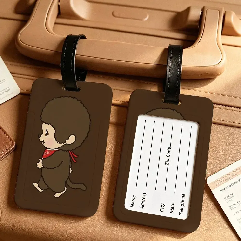 étiquette de bagage en pvc imperméable monchhichis avec carte d'information, étiquette d'identification anti-perte pour bagages et sacs d'école