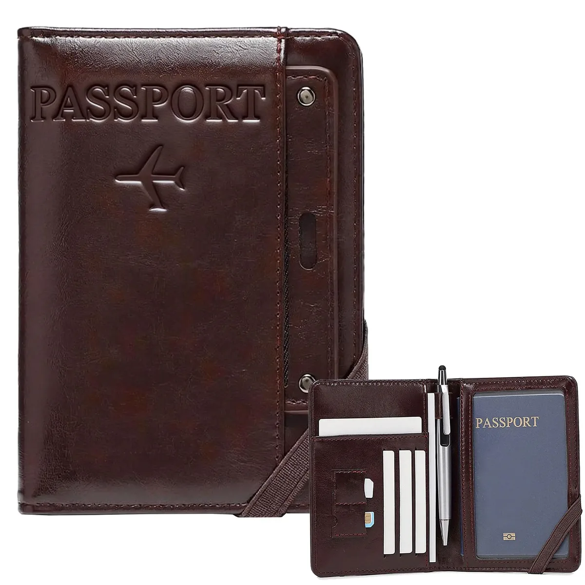 Porte-passeport en cuir pour homme et femme, avec blocage RFID, portefeuille de voyage, étui pour passeport avec porte-stylo, emplacements pour deux cartes SIM