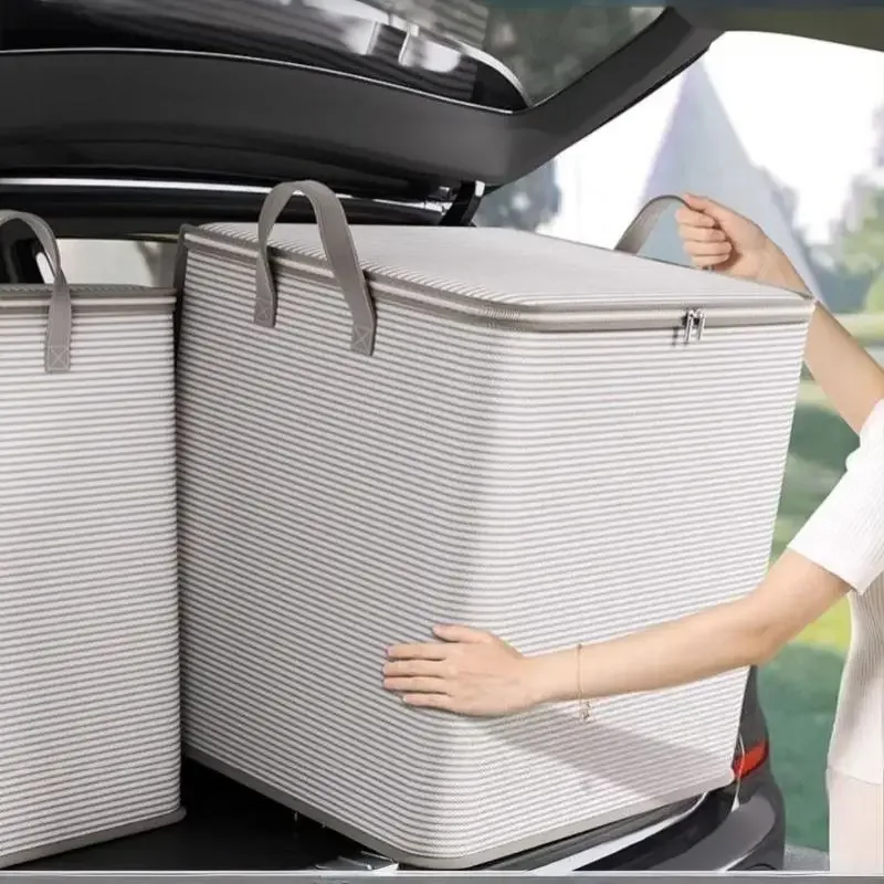 sac de rangement à fermeture éclair rayé gris, grande capacité, anti-poussière, pour usage domestique et rangement classifié