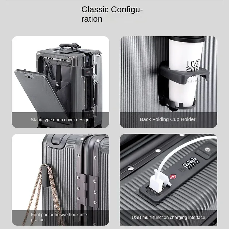 valise de voyage à cadre en aluminium, large, avec porte-gobelet, bagage à main 20 pouces, valise à roulettes 24/26 pouces, bagage cabine