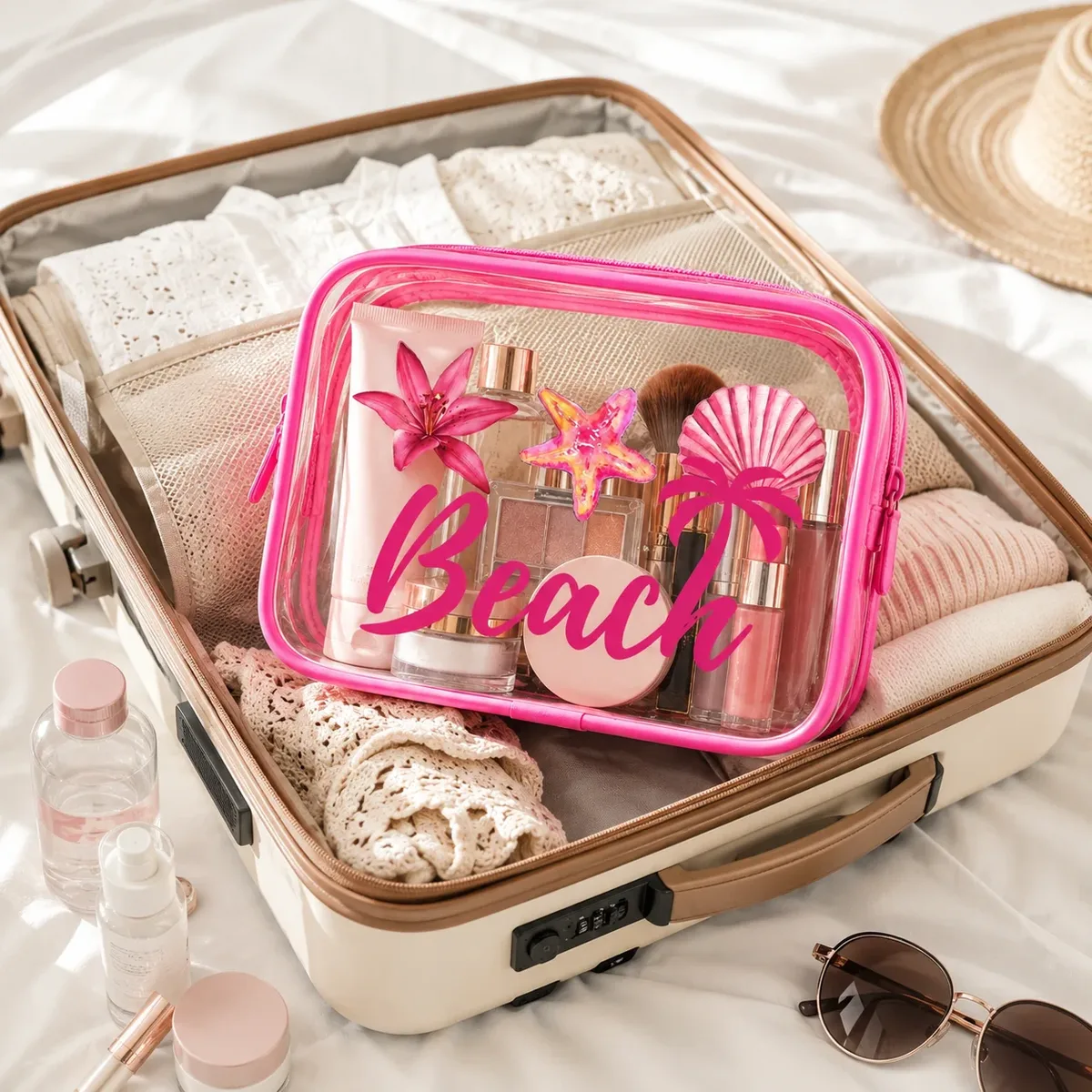 pochette de maquillage transparente en pvc à imprimé plage rose, pochette de rangement cosmétique de voyage imperméable pour femmes, rangement pour articles de toilette et soins de la peau