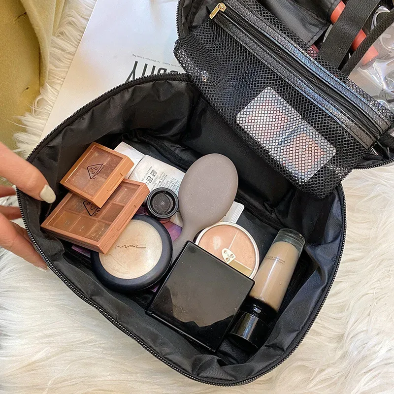 sac de maquillage de voyage de mode, grande capacité, noir, fil à broder en pu, grille de diamant, sac de toilette, sac de rangement de maquillage