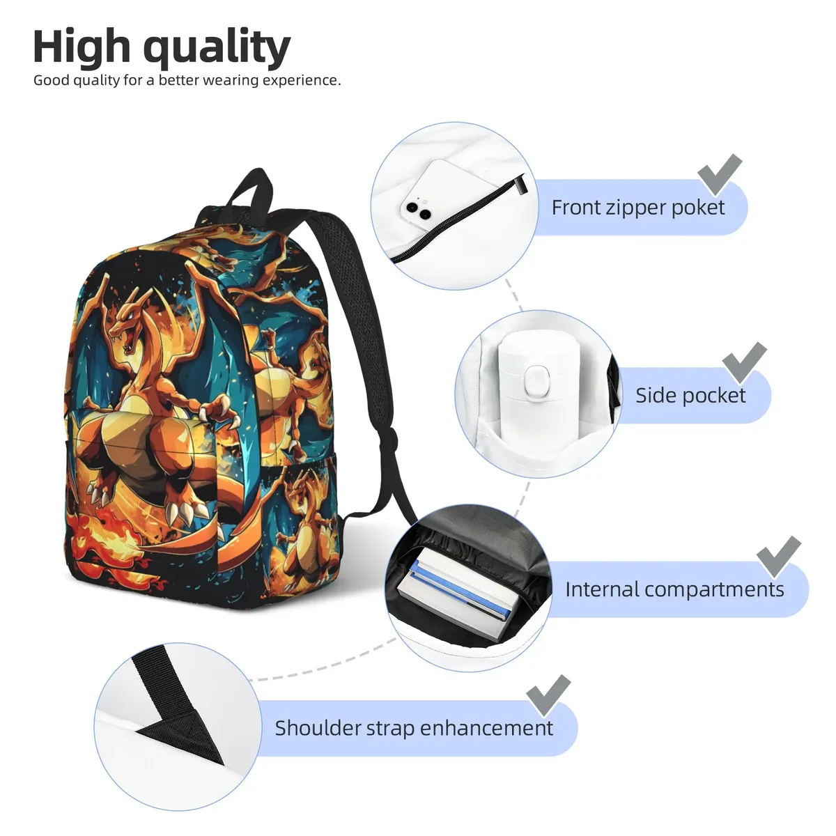 sac à dos charizard pokemon à la mode, mochilas vintage pour le travail, sac à dos rétro lavable