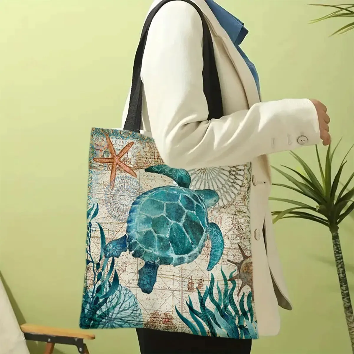 sac fourre-tout de grande capacité imprimé tortue, sacs de voyage initiés, sacs à soupe, sacs à provisions en lin pour femmes avec impression