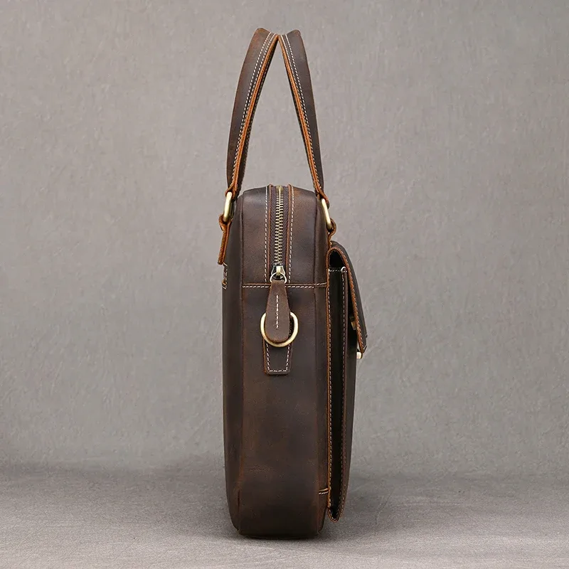 porte-documents en cuir véritable pour hommes, sac à main d'affaires en peau de vache pour ordinateur portable, style vintage, sac à bandoulière en cuir de cheval fou