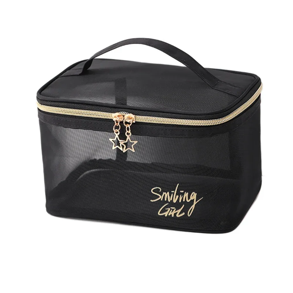 sac à cosmétiques de voyage pour femmes, grande capacité, étui de maquillage en maille noire, pochette de rangement, trousse de toilette décontractée à fermeture éclair, sacs de lavage de maquillage