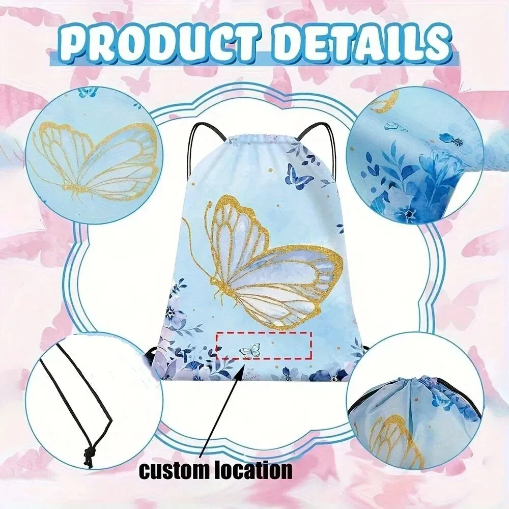 sac à dos personnalisé avec cordon de serrage et motif de papillon mignon, pour unisexe, voyage, sport, natation, utilisation quotidienne en plein air