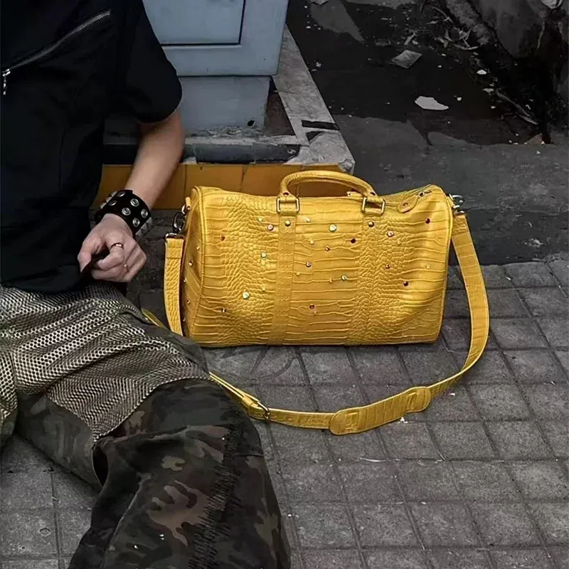 sac de rangement de sacs de voyage de grande capacité, sac à bandoulière à diamants de couleur motif crocodile, sac fourre-tout tendance de rue pour les déplacements