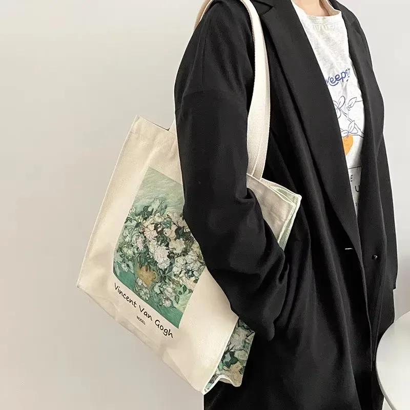sac à bandoulière en toile extra épaisse pour femmes, van gogh morris, vintage, peinture à l'huile, fermeture éclair, livres, grand fourre-tout pour le shopping