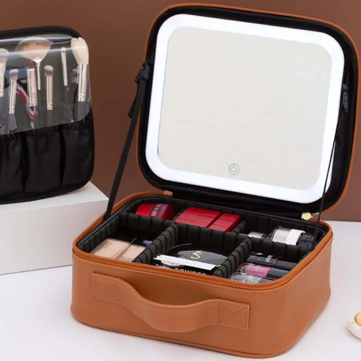 trousse de maquillage de voyage à lumière led avec miroir, grande capacité, sac de rangement avancé, étui de rangement portable, serrure à combinaison