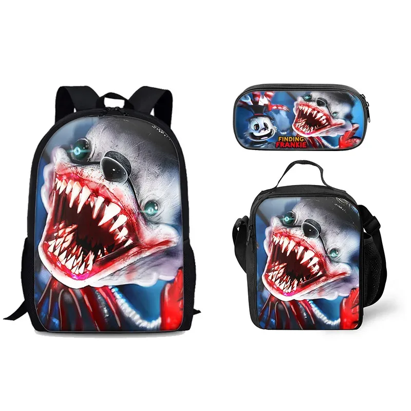 sac à dos tendance et populaire avec impression 3d frankie, ensemble de 3 pièces pour étudiants : sac à dos pour ordinateur portable, sac à déjeuner et trousse.
