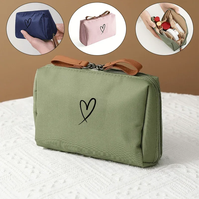trousse de maquillage portable de voyage, trousse de rangement pour articles de toilette imprimée avec motif love, adaptée aux voyages, aux activités quotidiennes et aux activités de plein air