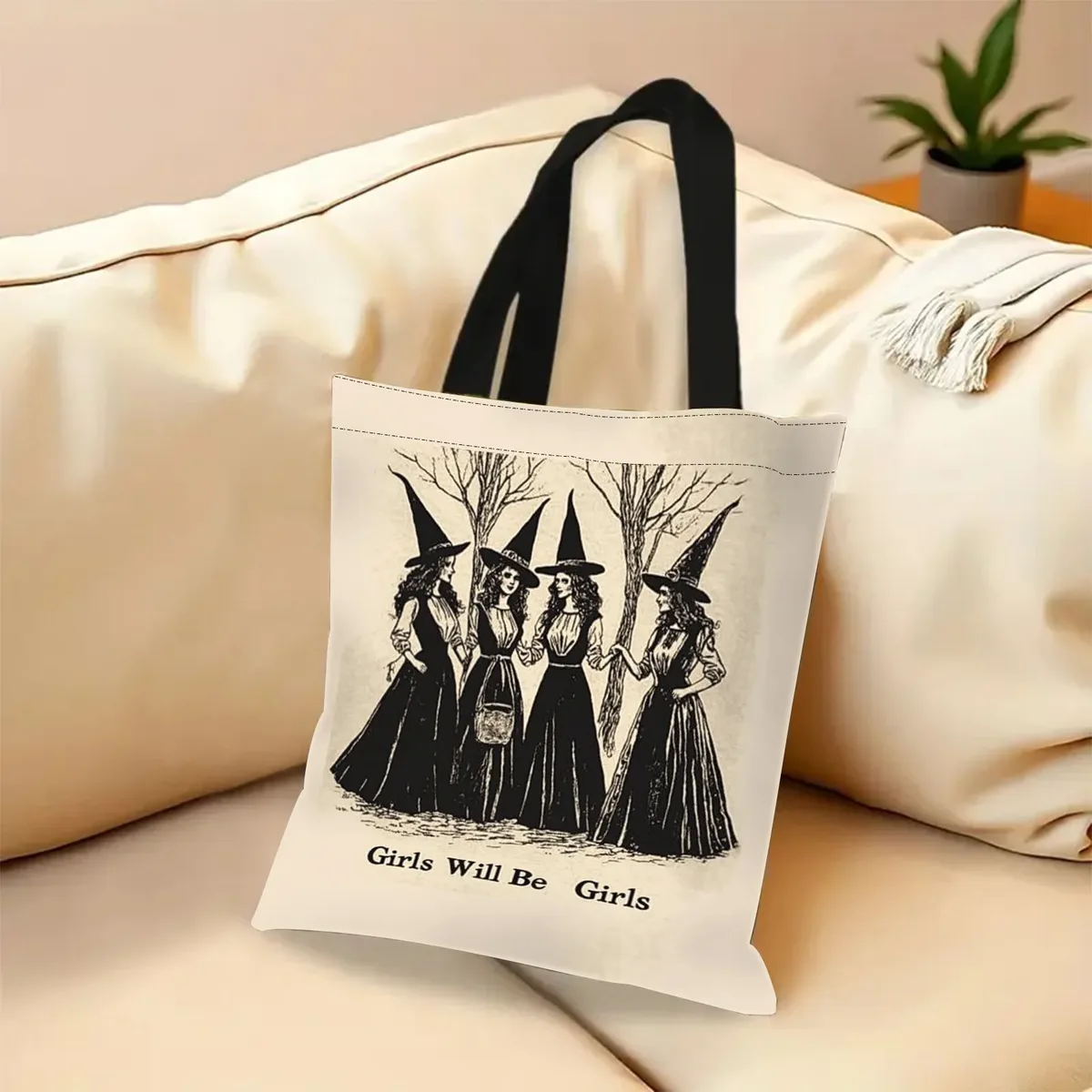 sac fourre-tout vintage de sorcière, 1 pièce, sac de shopping gothique d'halloween avec filles, sac à bandoulière pour fêtes d'halloween, décorations