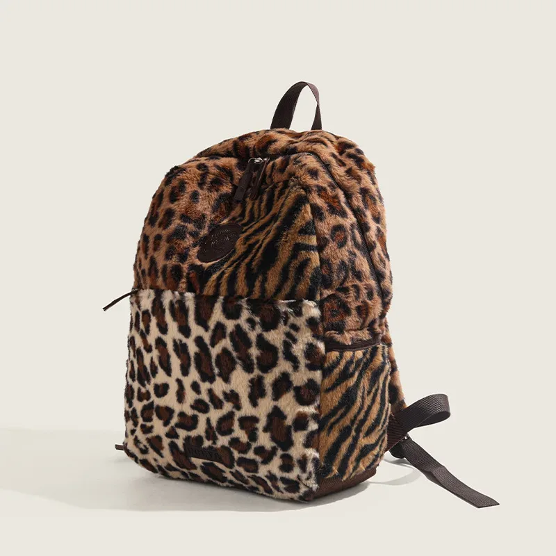 sac à dos imprimé léopard mode avion cabine sac à dos grande capacité sac d'école polyvalent en peluche sacs souples mochilas mujer 2025