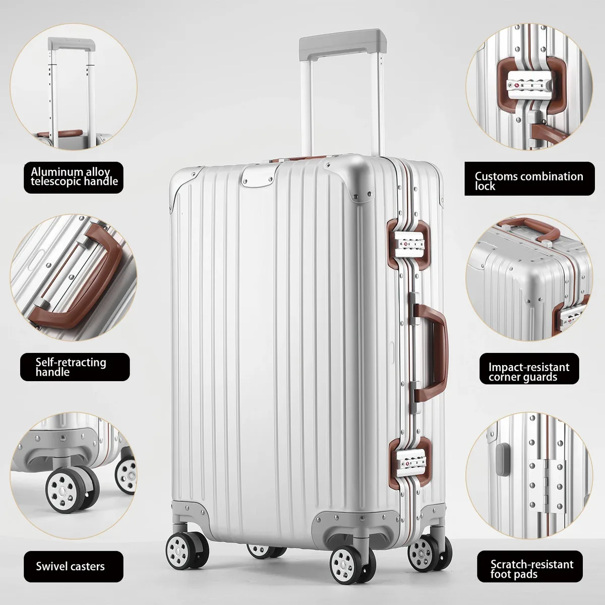 valise en alliage d'aluminium et de magnésium avec serrure douanière, bagage cabine métallique, valise de voyage rétro en aluminium 20/24/26/29 pouces