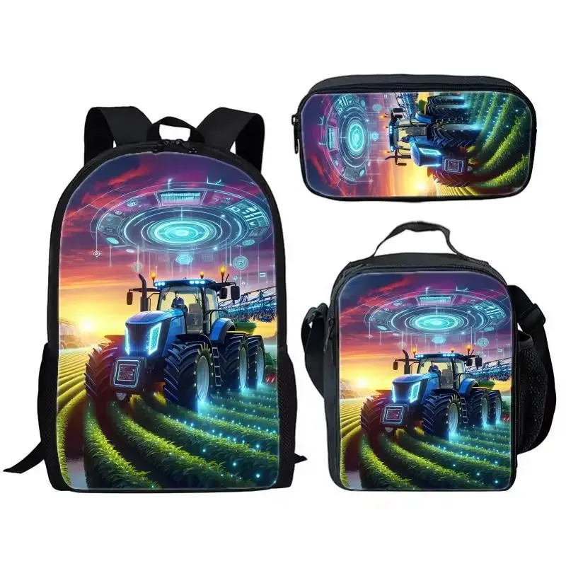 sac à dos tendance et populaire pour étudiants, motif simulateur d'agriculture avec tracteur imprimé en 3d, lot de 3 pièces : sac à dos pour ordinateur portable, sac à déjeuner et trousse à crayons