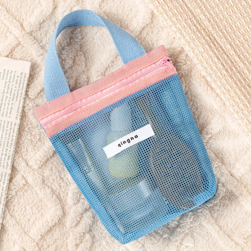 sac à cosmétiques portable en maille multicolore, pochette de rangement transparente pour voyage