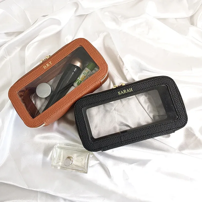 sac de toilette en cuir pu personnalisé avec lettres, transparent, pour femme, avec fermeture éclair, imperméable, grande capacité, sac de rangement de luxe
