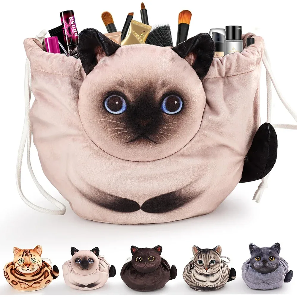 trousse de maquillage à cordon en forme de chat, sac à cosmétiques portable de grande capacité pour femmes, organisateur de voyage, sac de rangement, pochette de soins de la peau
