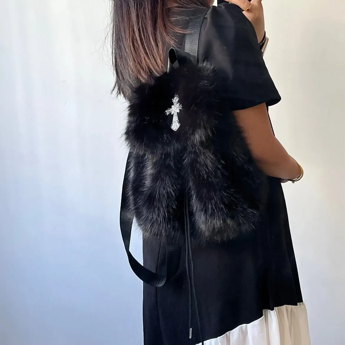 sac à dos en peluche noir y2k, design automne-hiver, sac à dos tendance pour filles, sacs à dos gothiques originaux