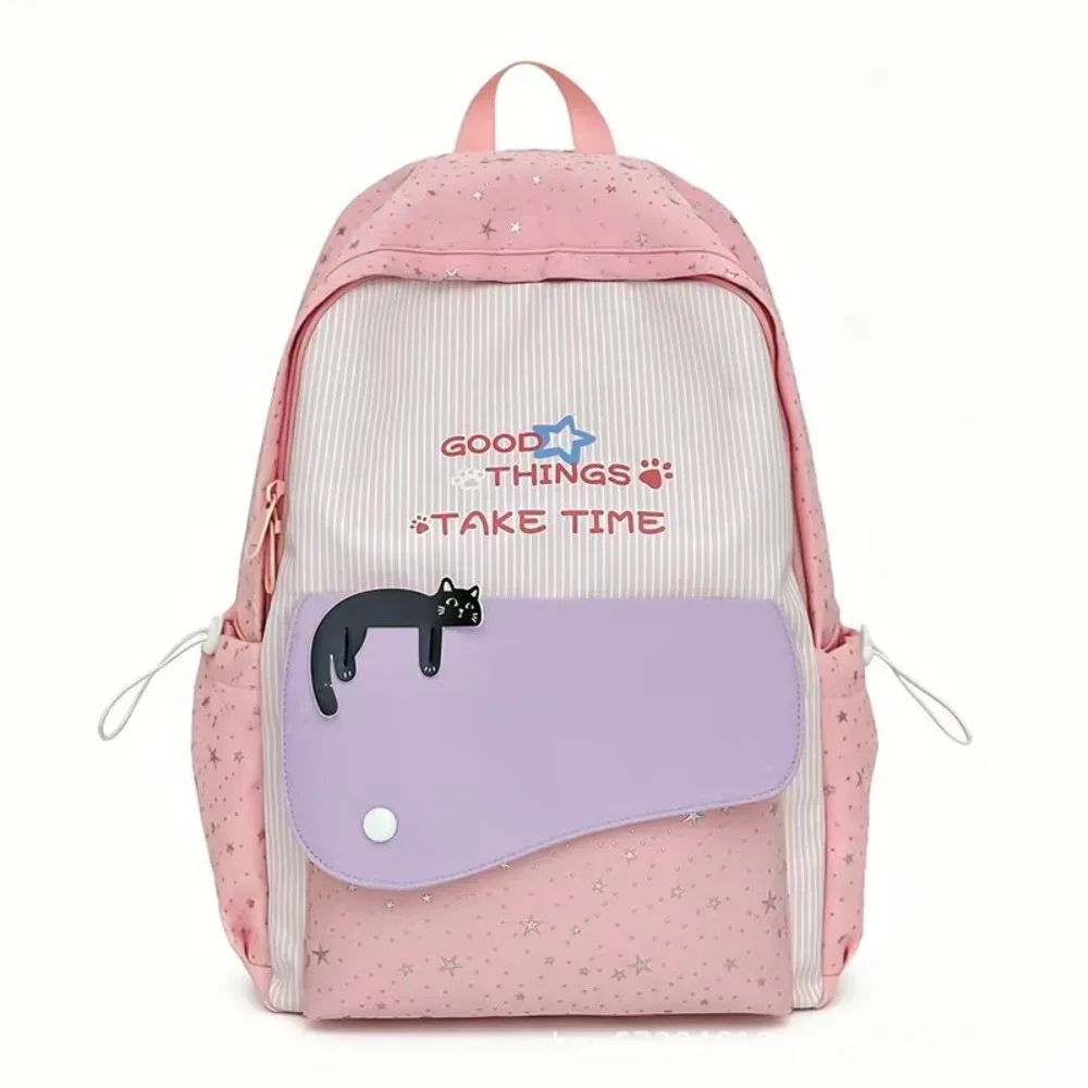 sac à dos tendance motif chat et étoiles, multicolore, en nylon imprimé, léger, mignon, idéal pour les étudiants, cadeau