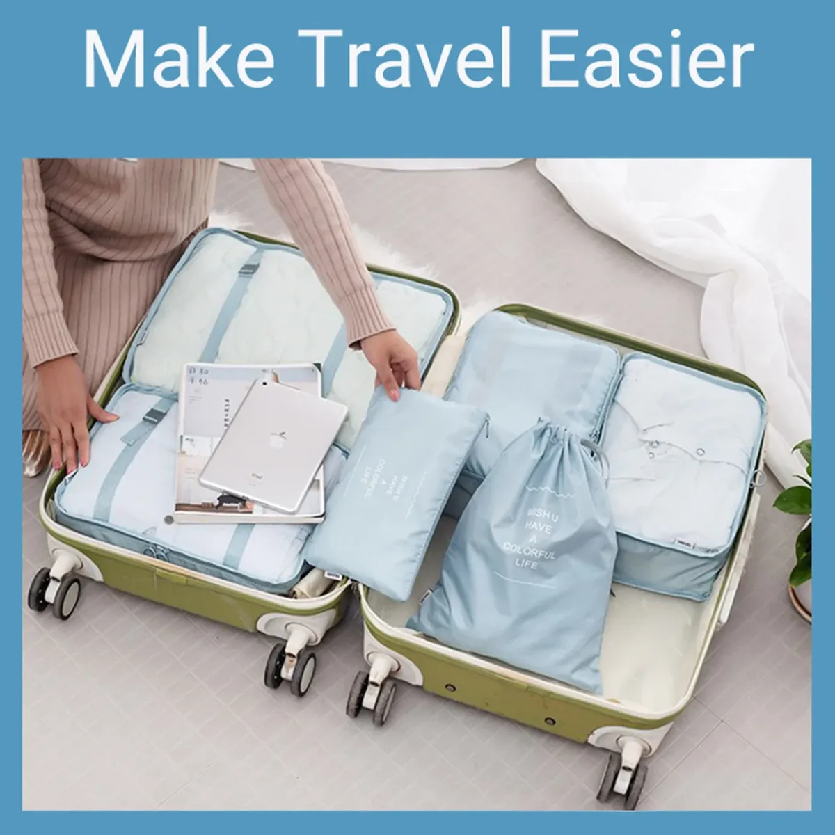 ensemble de 7 cubes d'emballage de voyage, sac de rangement de bagages en maille portable, sac de rangement de vêtements sous-vêtements avec sac à chaussures