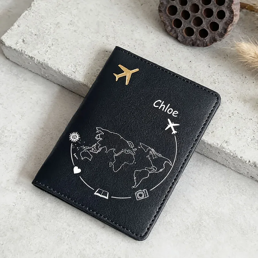 porte-passeport de voyage personnalisé avec texte - cuir synthétique léger, fermeture à bouton-pression, intérieur non doublé