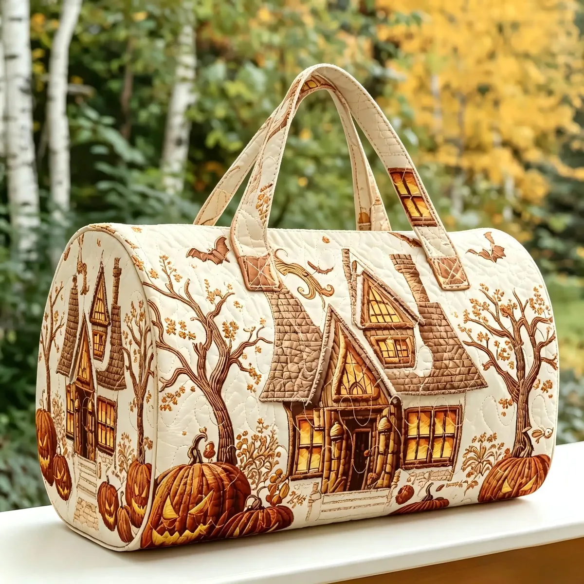 sac de voyage matelassé halloween, motif château fantôme, sac de week-end grande capacité, sac de voyage d'automne, sac de sport, sac de nuit pour femme, sac fourre-tout pour courts séjours.