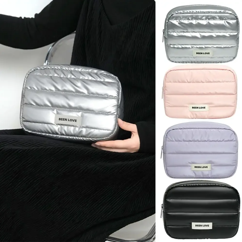 trousse de maquillage matelassée grande capacité couleur unie, sac de voyage doux et moelleux avec fermeture é