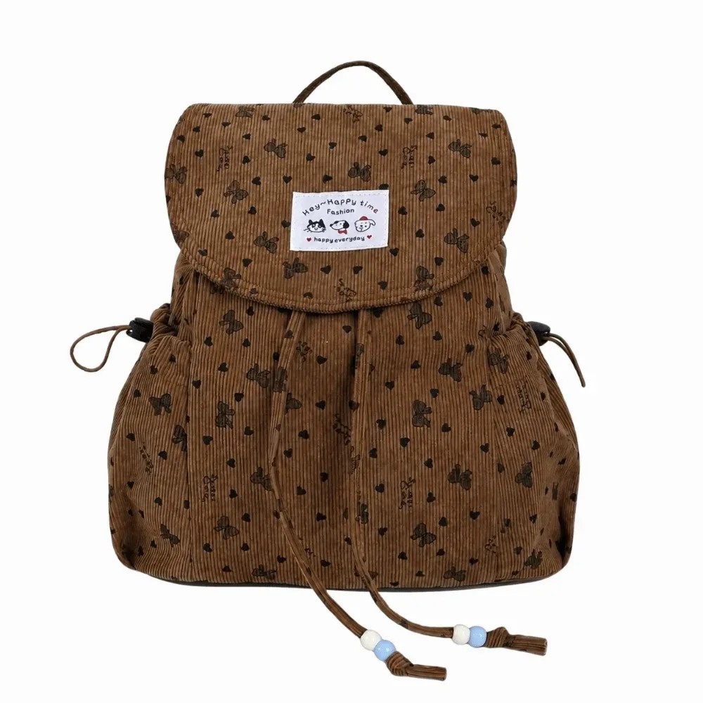 sac à dos léger en velours côtelé à imprimé nœud papillon, design simple et décontracté, sac à dos à cordon de serrage, grande capacité, sac à livres polyvalent pour étudiant