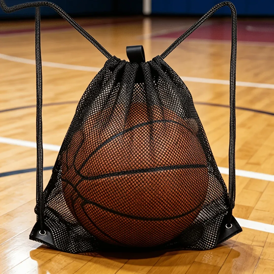 pochette en filet noir avec cordon de serrage, sac à dos de sport respirant en filet de grande capacité, sac de rangement pour ballons de basket et de football, sac de toilette pour la gym et la natation, sac de courses en filet pour fruits et légumes, sac de rangement multifonctionnel portable