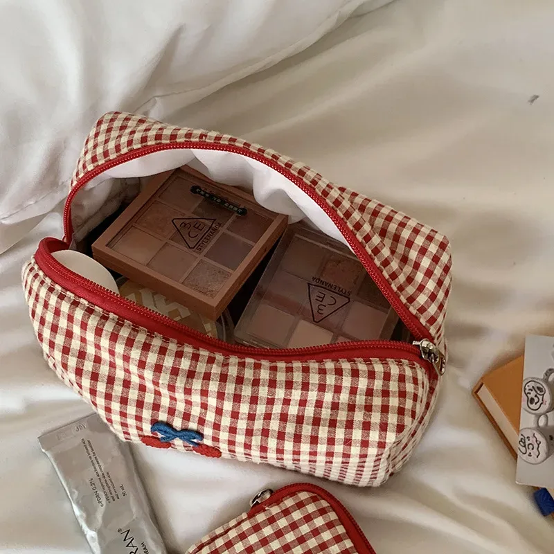 trousse de maquillage rouge à carreaux cerise, trousse à cosmétiques portable, organisateur de voyage, porte-cartes, pochette à monnaie de grande capacité