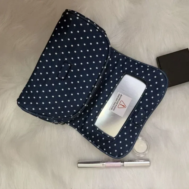 trousse de toilette coréenne en toile à pois rose tendance avec miroir rabattable, sac de voyage portable à fermeture éclair pour cosmétiques, cadeau mignon pour fille