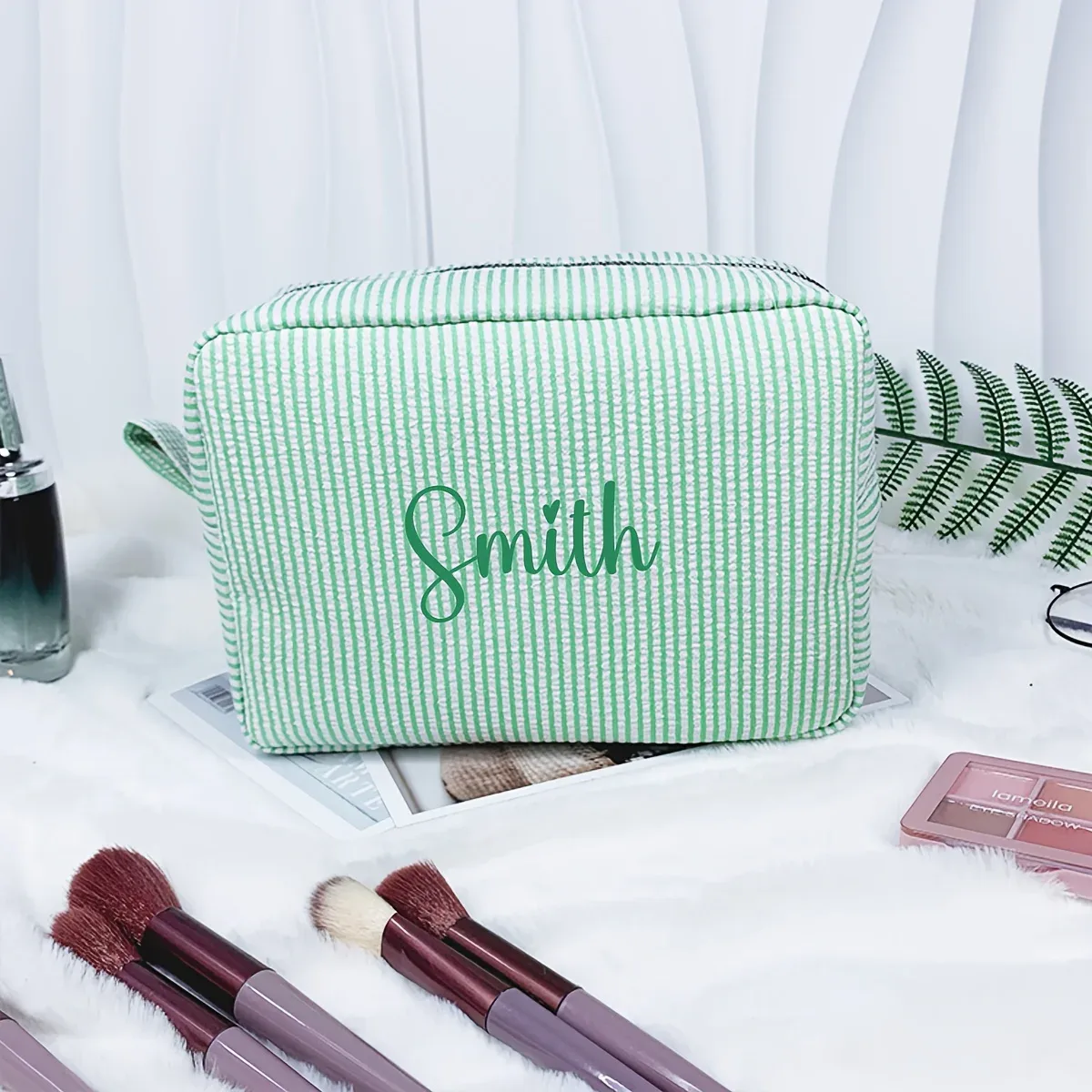 sac de maquillage brodé avec nom personnalisé, pochette à cosmétiques rayée, organisateur de toilette de voyage, trousse à crayons à fermeture éclair de grande capacité, cadeau pour femmes