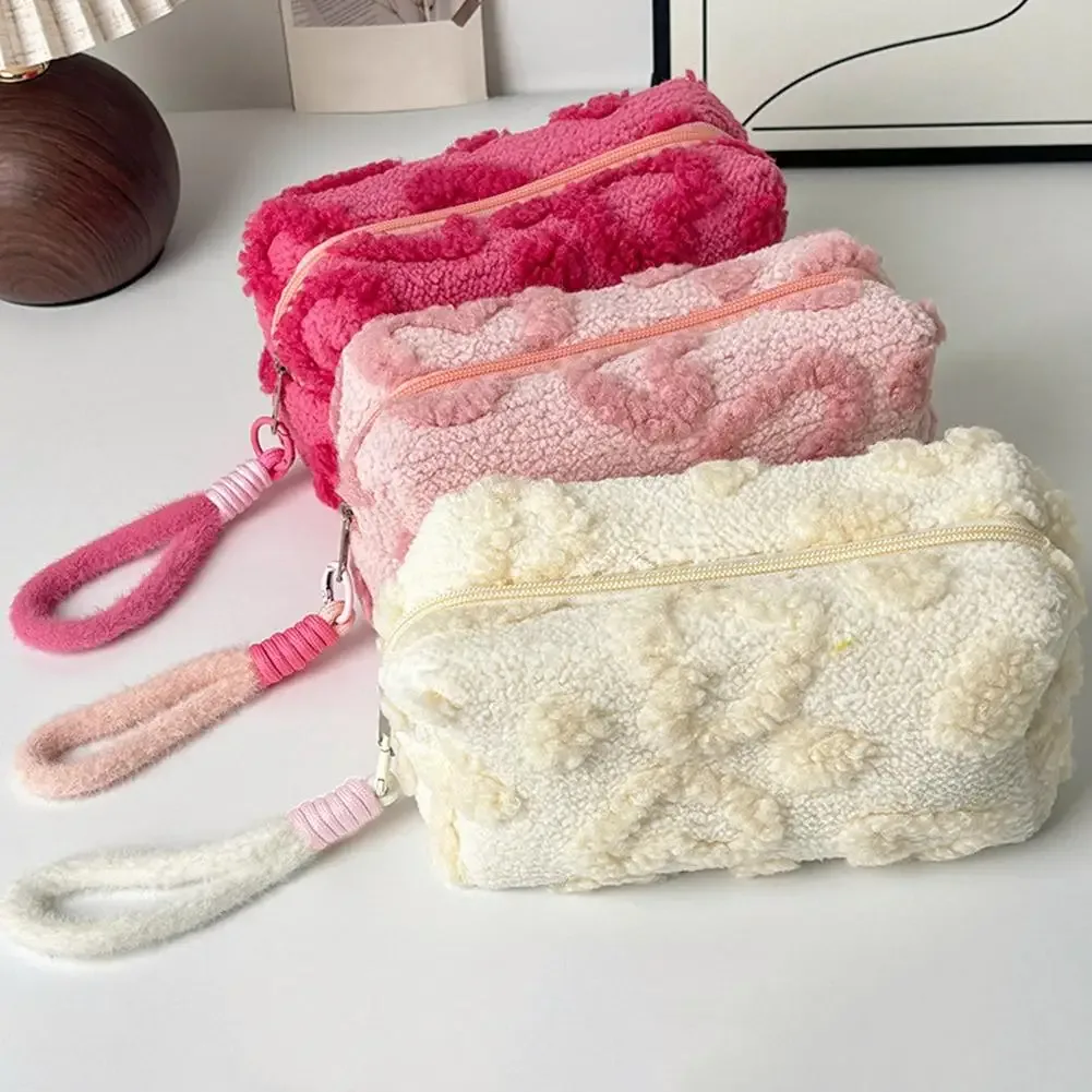sac de maquillage en peluche brodé, sac de toilette portable de voyage, grande capacité, pochette de rangement pour cosmétiques, cadeau mignon pour femmes