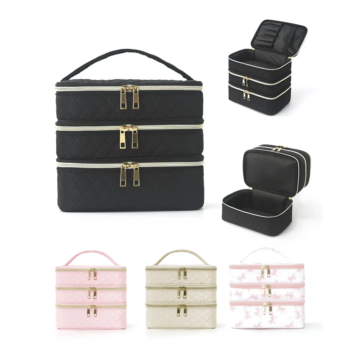 Trousse de maquillage à trois couches de luxe, grande capacité, trousse de toilette portative de grande valeur, sac à main de voyage pour cosmétiques