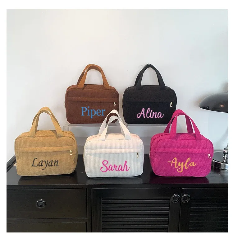 sac de maquillage personnalisé en velours côtelé brodé, sac de rangement de voyage portable multifonctionnel a