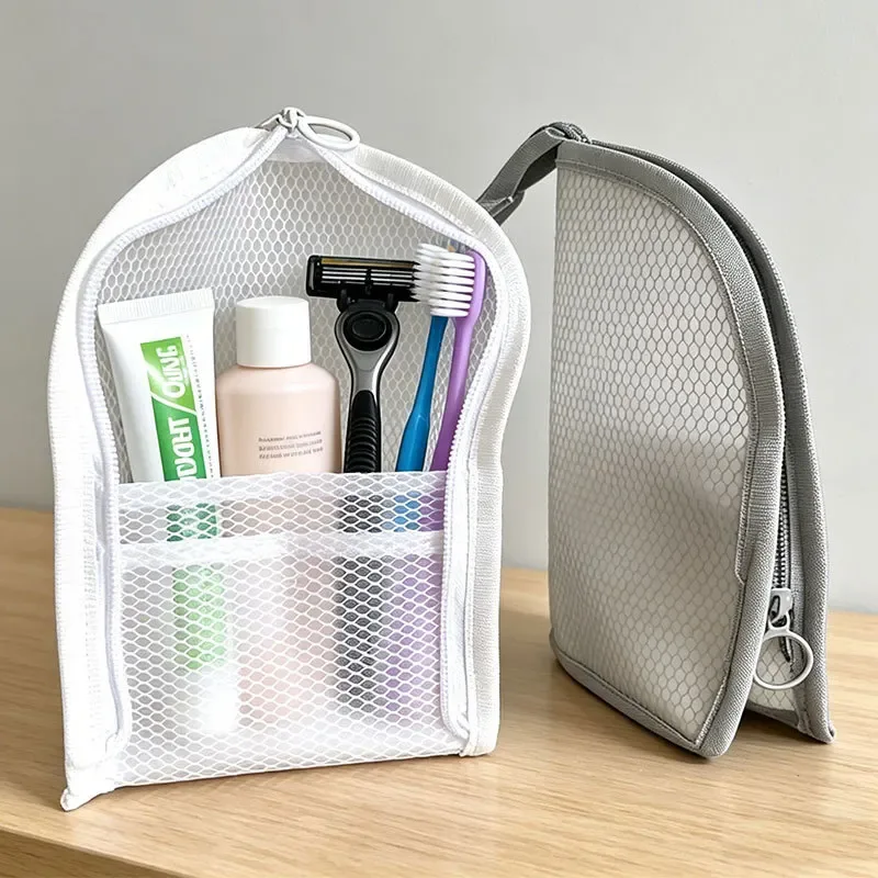 trousse de toilette en maille sur pied, portable, imperméable, organisateur de maquillage et de cosmétiques, pochette de rangement pour brosse à dents et cosmétiques pour femmes, pour salle de bain.