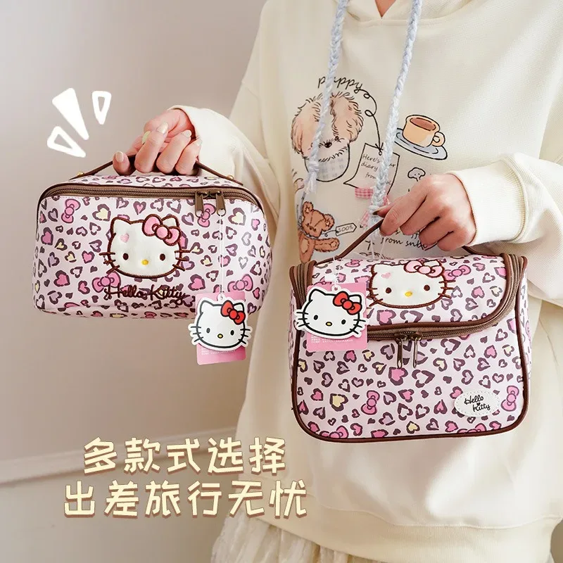 véritable trousse de maquillage hello kitty, trousse de maquillage kawaii à imprimé léopard, sac de rangement de grande capacité, sac de voyage portable.