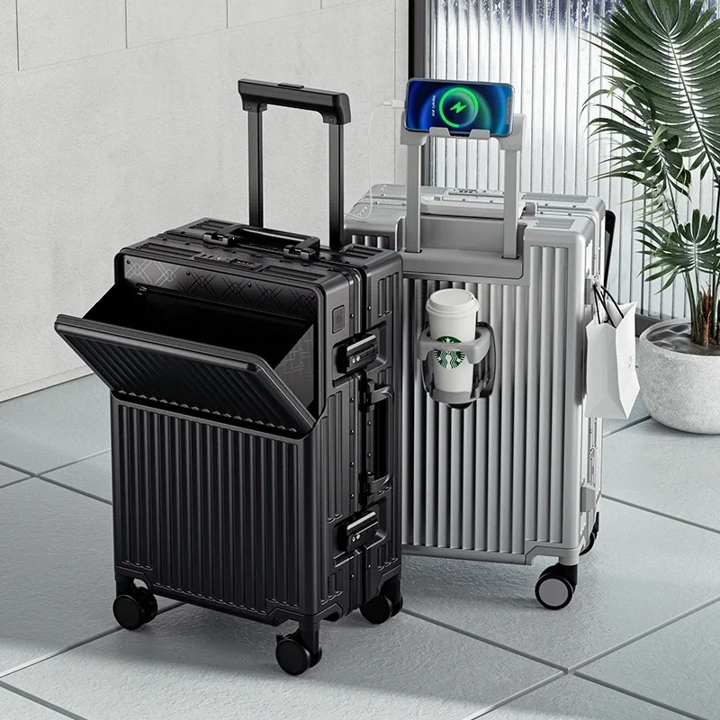 valise à ouverture frontale en matériau pc avec cadre en aluminium, serrure tsa, porte-gobelet, port de charge, bagage à roulettes de voyage 20/24/28/30 pouces