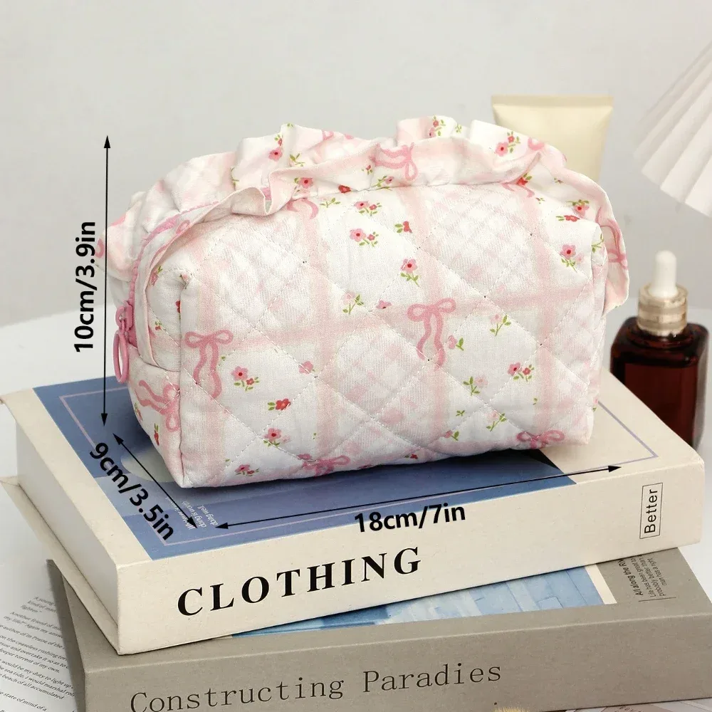 trousse de maquillage noire en dentelle avec nœud pour femme, grande capacité, sac de toilette de voyage, organisateur cosmétique mignon coréen, pochette portable pour femme